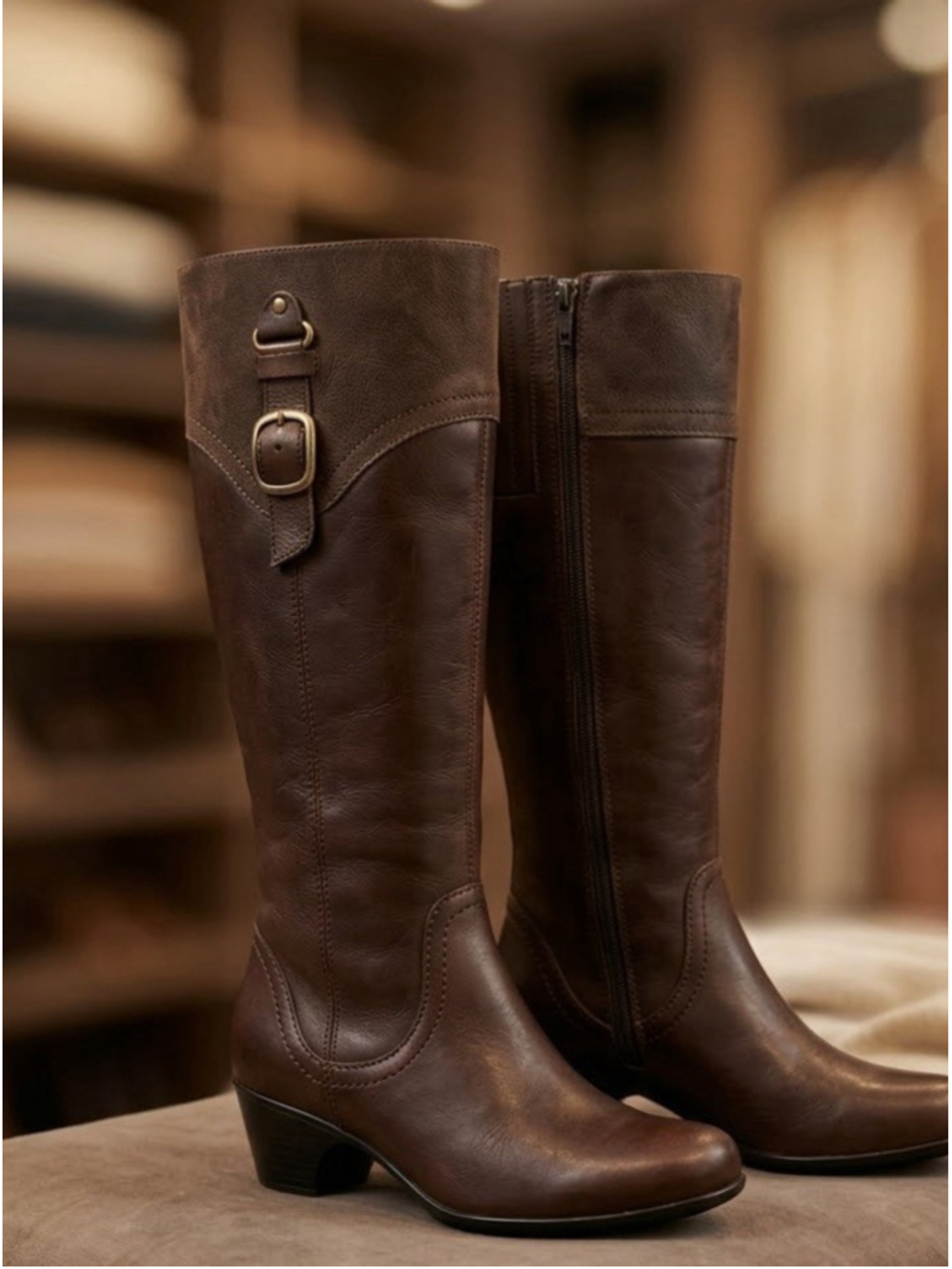 Clarks Women's 7M Brown Leather Knee High Zip Riding Style Boots Heel 62753-